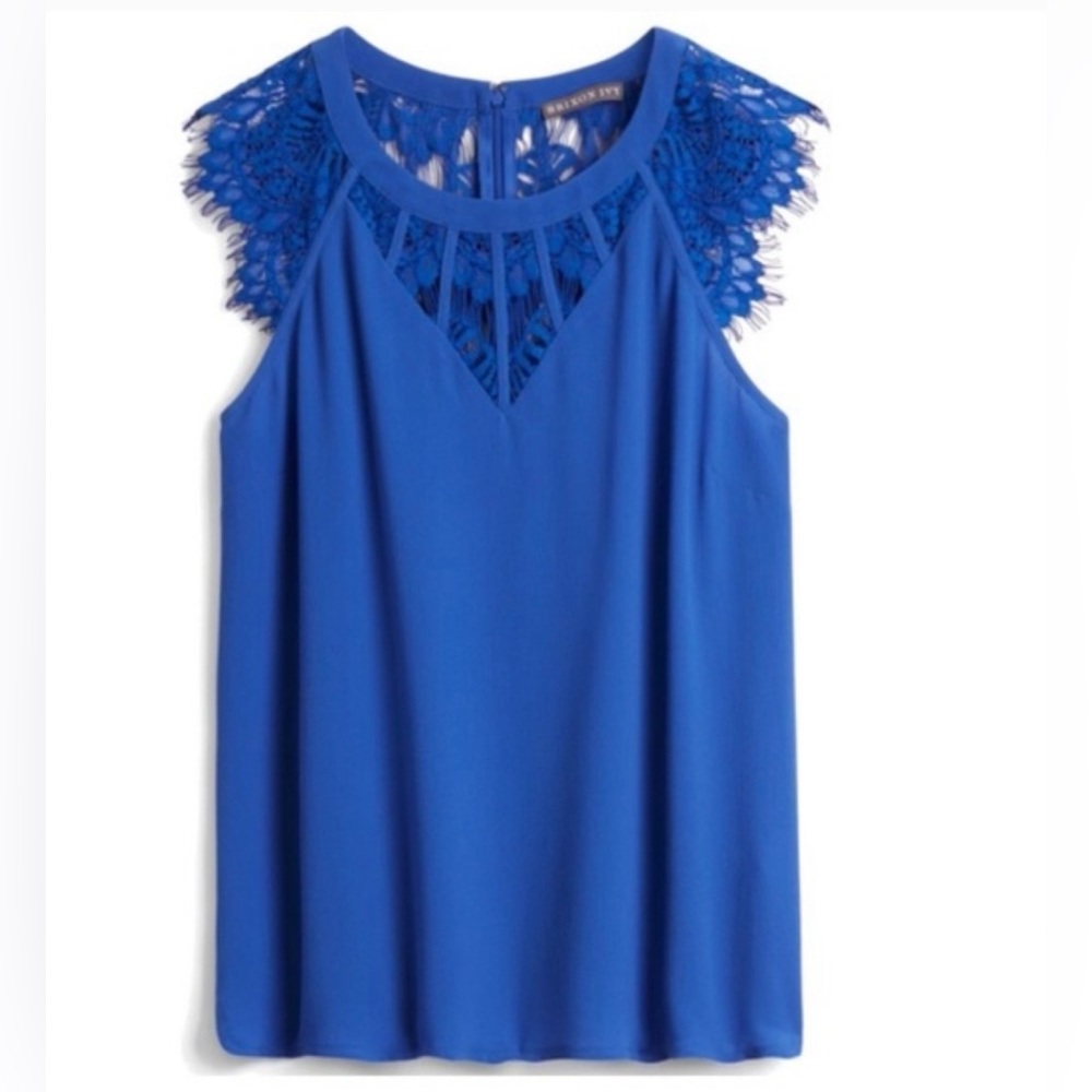 Brixon Ivy Jarred Lace Detail Cap-Sleeve Blouse, Royal Blue